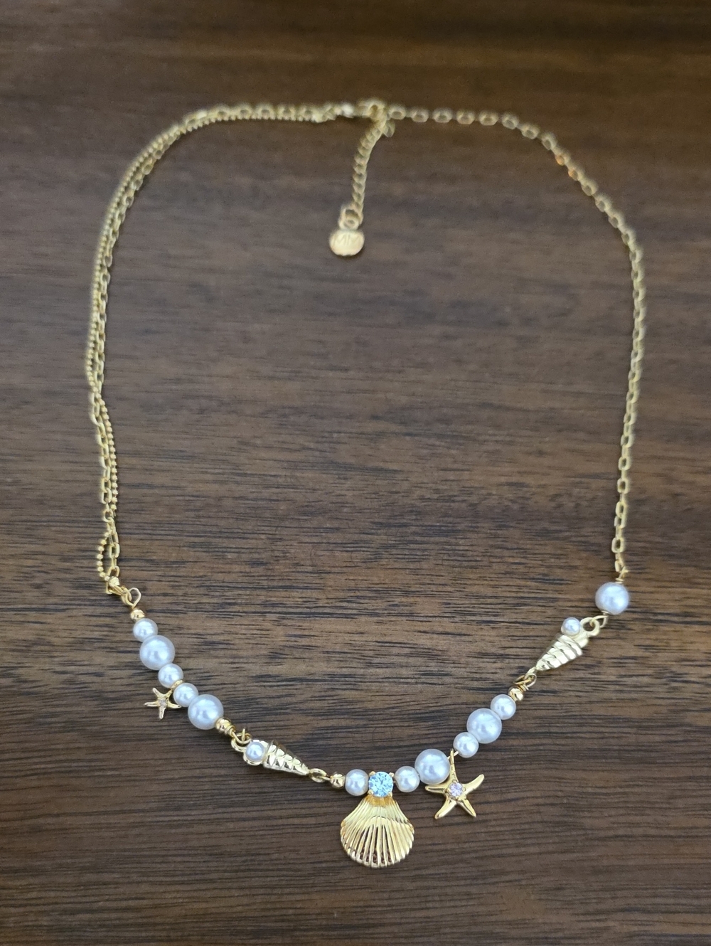 24kt Dipped Gold Shell & Pearl Charm Necklace with Starfish Accents